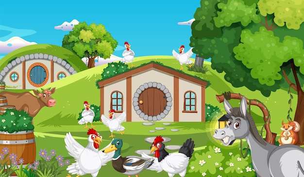 Fantasy cartoon scene with farm animals