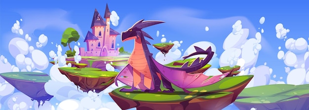 Fantasy castle and magic dragon floating on islands in sky Vector cartoon illustration of fantastic reptile animal guarding dreamland with fairy tale fortress on pieces of land flying in clouds