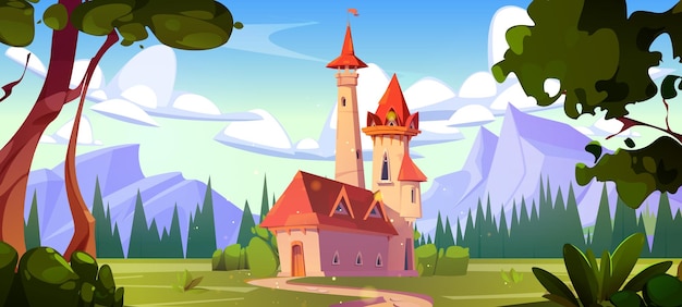 Free Vector fantasy castle on mountain landscape vector cartoon illustration of medieval royal palace with towers green summer meadow with lawn tall trees and bushes blue sky with clouds game background