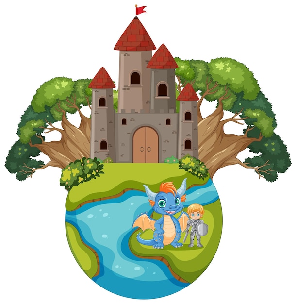 Free Vector fantasy castle with dragon and knight