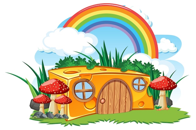 Free Vector fantasy cheese house with rainbow in the sky