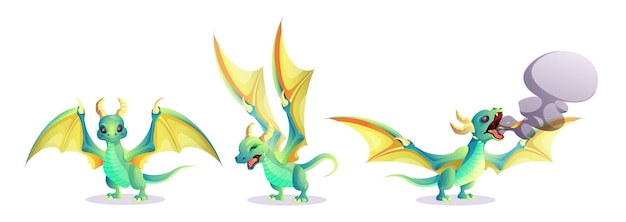 Free Vector fantasy dragon for game design cute cartoon fairy green reptile animal breathes fire and smoke vector illustration set of mythical magic creature with wings horns and tail in various poses