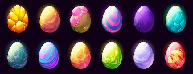 Fantasy eggs of dragon dinosaur alien monster or magic creature isolated on black background Vector cartoon set of fairy tale eggs with different texture for ui game design