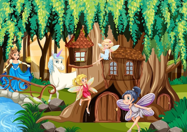 Fantasy forest with fairies and unicorn