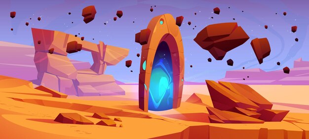 Free Vector fantasy game background with magic portal alien world or planet landscape of desert with teleport gates in stone arch sand and flying rocks vector cartoon illustration