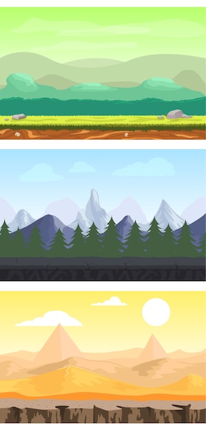 Fantasy game design landscapes set with meadow forest mountain and desert sceneries