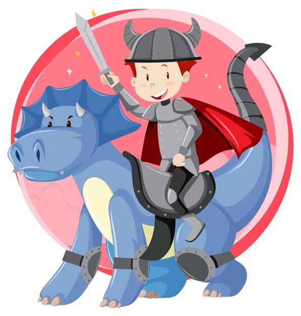 Fantasy knight character riding a dragon on white background