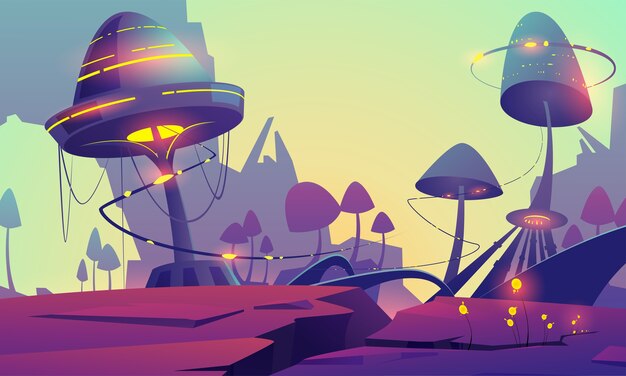 Fantasy landscape with magic glowing mushrooms and plants. Vector cartoon illustration of fantastic alien nature with giant toadstools and mountains. Mystic outdoor scene with funguses