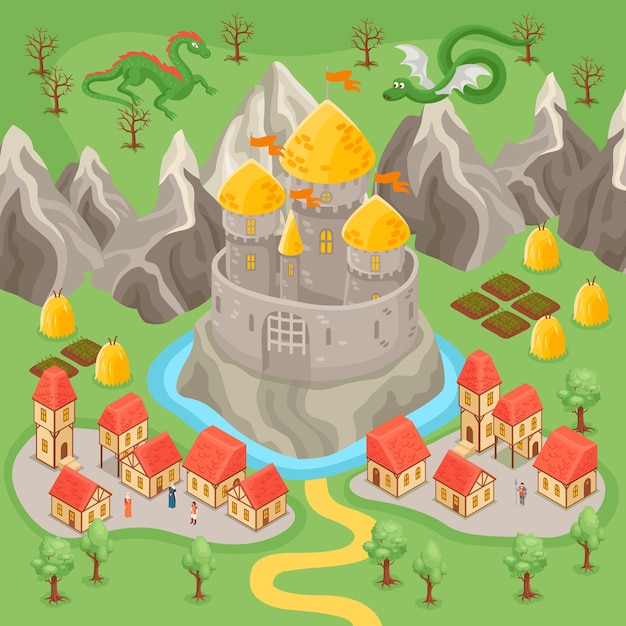 Free Vector fantasy medieval city and dragons flying above castle