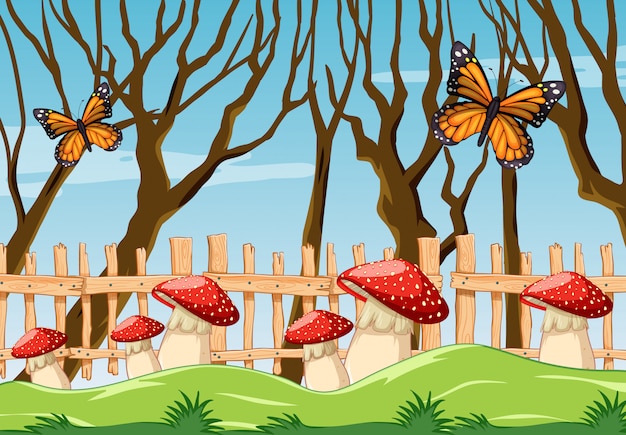 Free Vector fantasy mushroom butterfly in the garden sence cartoon style