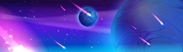 Free Vector fantasy outer space background with alien planets and shooting stars vector cartoon illustration of beautiful blue cosmic galaxy comets flying with neon light tails magic adventure game backdrop