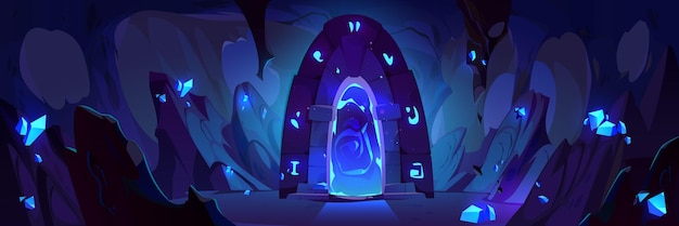 Free Vector fantasy portal to another world or game level in dark cave with stone walls and glowing gem crystals cartoon vector magic door or entrance to another dimension in rocky underground cave or dungeon