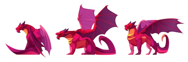 Free Vector fantasy red dragon adult imaginary fairy tale or game cartoon character with wings and long tail looking forward vector illustration set of mythical medieval scary animal in various poses