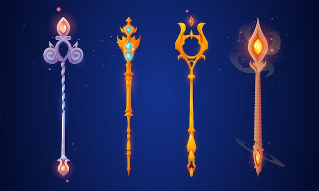 Free vector fantasy scepter with glowing neon gems and smoke