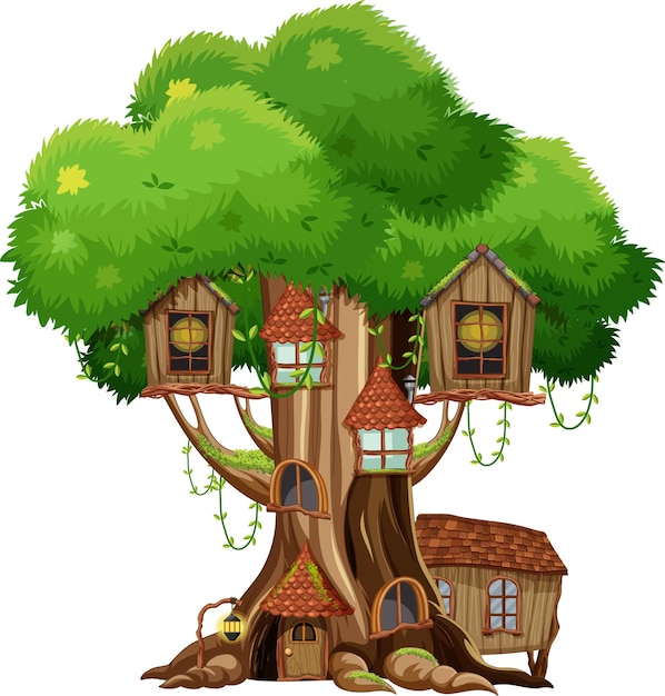 Free Vector fantasy tree house inside tree trunk on white background