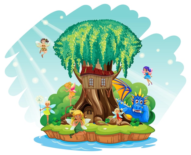 Fantasy tree house inside tree trunk with fairies and dragon