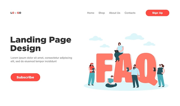 Free vector faq landing page. tiny users near giant letters asking questions and getting answers, instructions for problem solution landing page