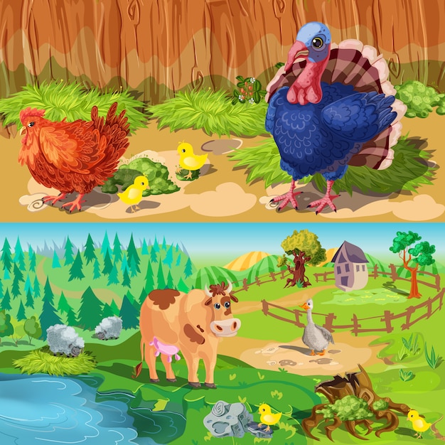 Free Vector farm animals banners set