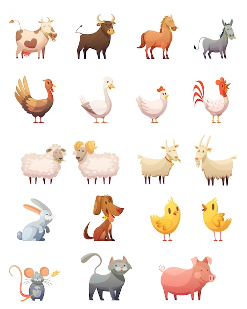 Farm animals cartoon icons set of hen gobbler cow horse ram cat bunny isolated vector illustration  