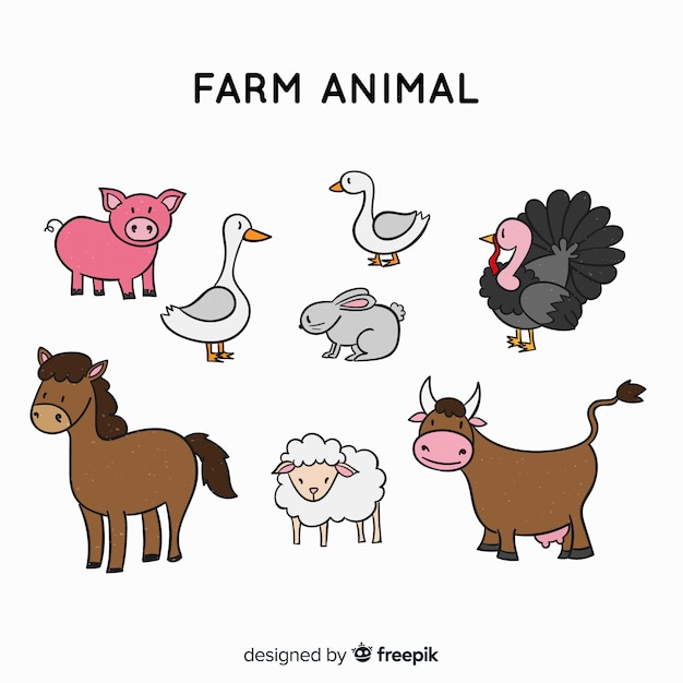 Farm animals collection in hand drawn style