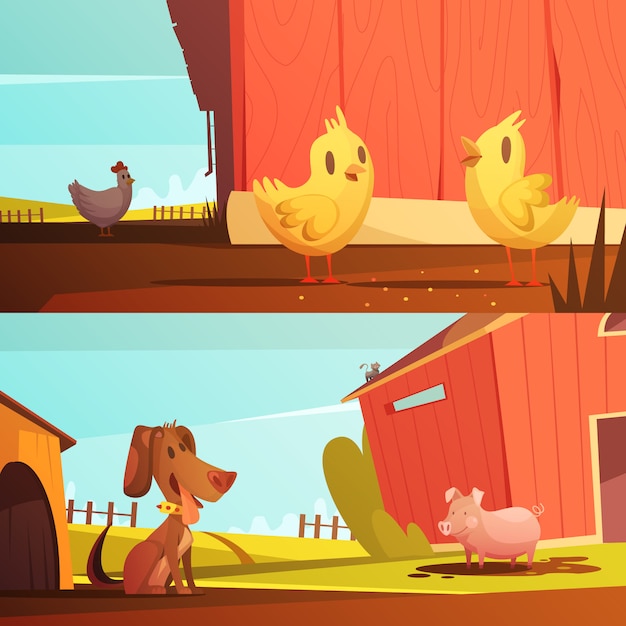 Free Vector farm animals for kids 2 horizontal cartoon style banners with doghouse for guard dog isolated 