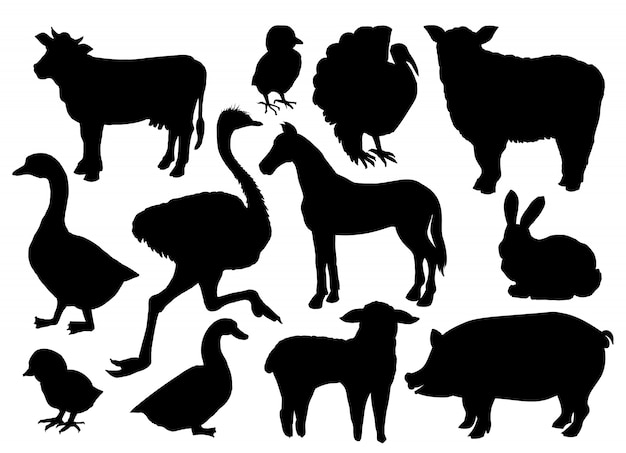 Farm animals livestock silhouettes.