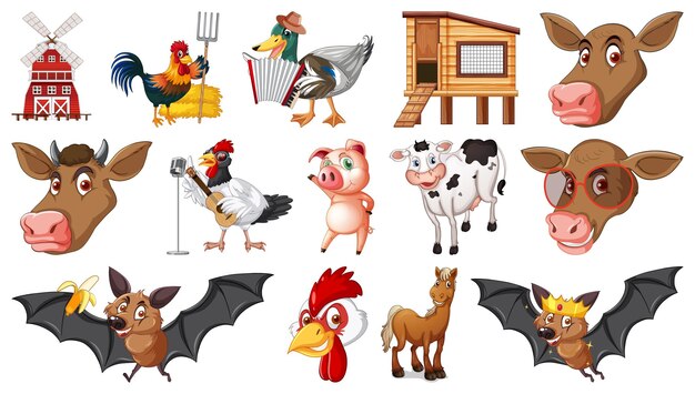 Farm animals on white background