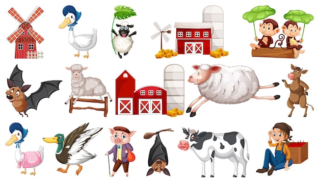 Farm animals on white background