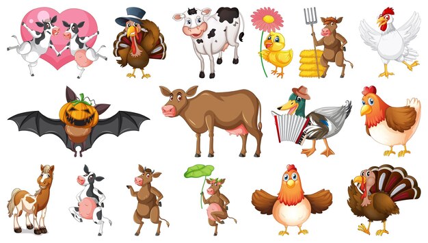 Farm animals on white background