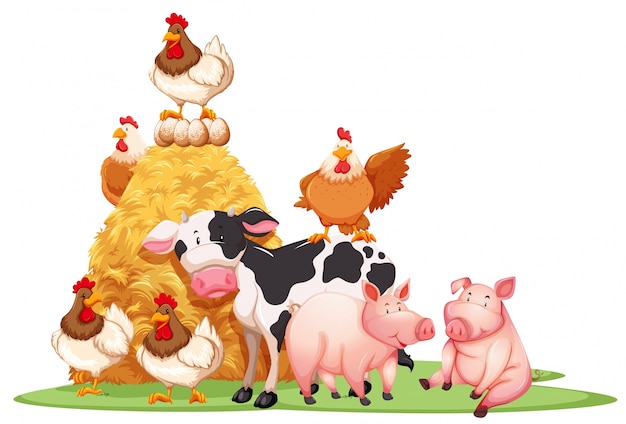 Free Vector farm animals with haystack illustration