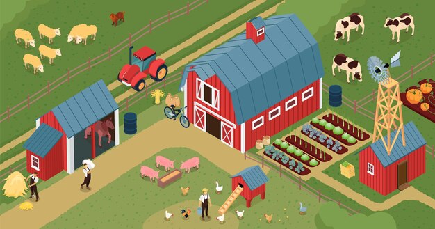 Farm barnyard isometric composition with chicken laying house pigs farmland livestock