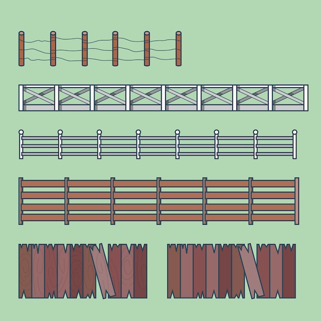 Free Vector farm countryside fence fencing element architecture building set. linear stroke outline    icons.