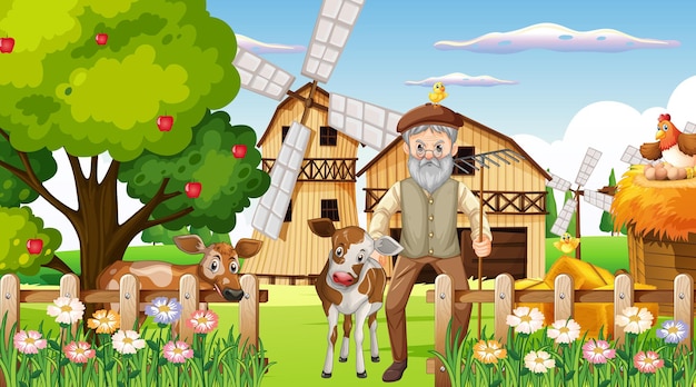 Farm at daytime scene with old farmer man and farm animals