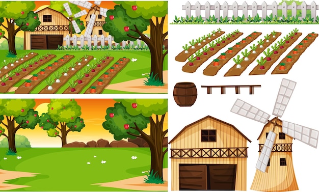 Farm element set isolated with farm scence