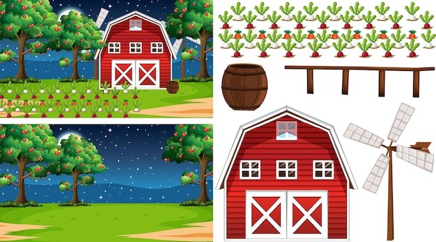 Free Vector farm element set isolated with farm scene