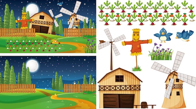 Free vector farm element set isolated with farm scene