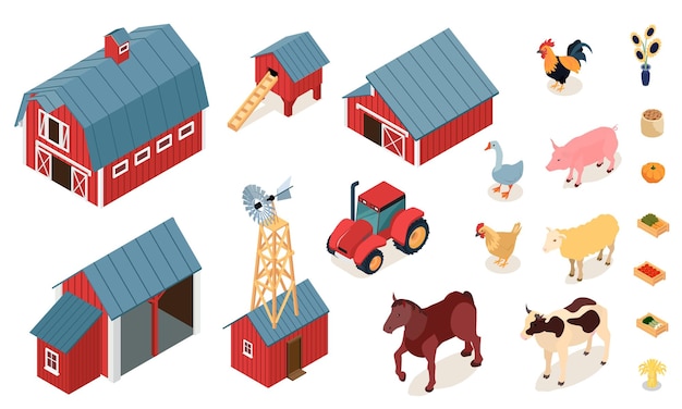 Free Vector farm elements isometric set with chicken laying house stall barn tractor livestock animals pumpkin vegetables vector illustration