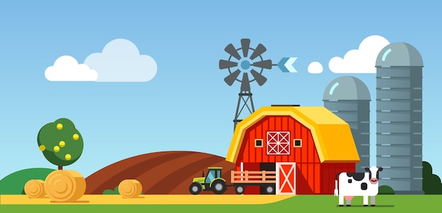 Free Vector farm field and meadow scenery, cow and tractor