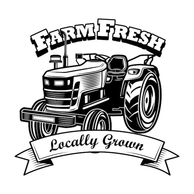 Farm fresh symbol vector illustration. Farmers tractor, ribbon, locally grown text. Agriculture or agronomy concept for emblems, stamps, labels templates