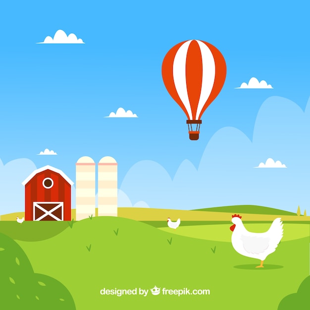 Farm landscape background with farmer and hot air balloon