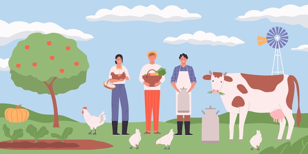 Farm landscape flat background with hens cow and happy farmers holding eggs basket