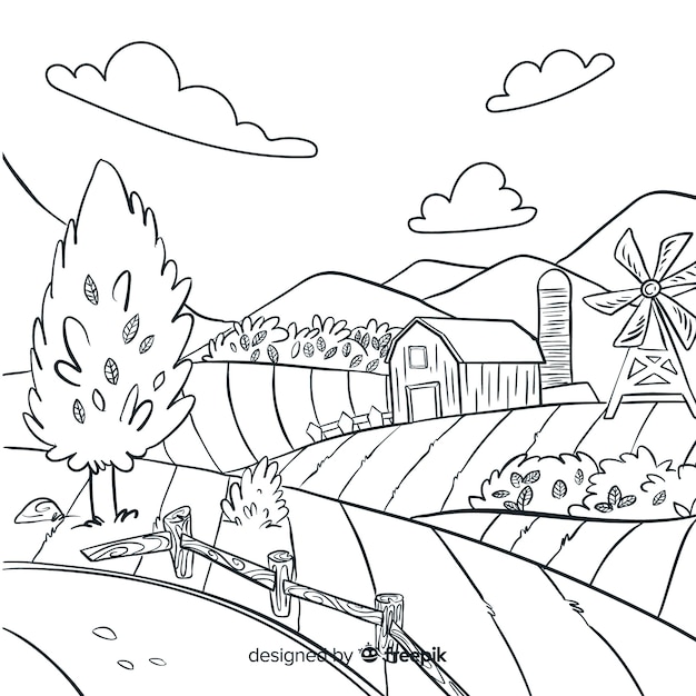 Free Vector farm landscape in hand drawn style