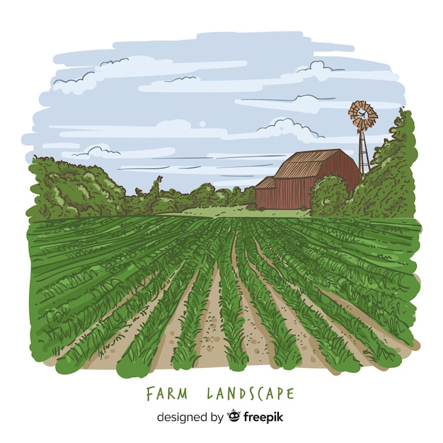 Farm landscape in hand drawn style