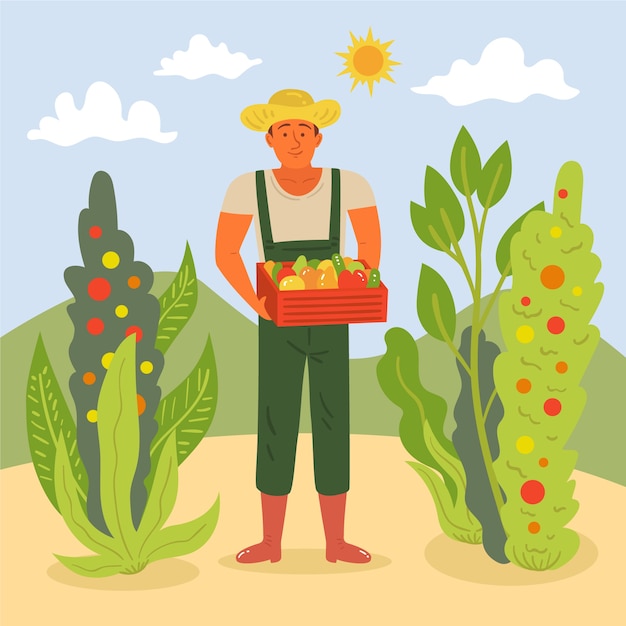 Farm landscape man holding basket with veggies