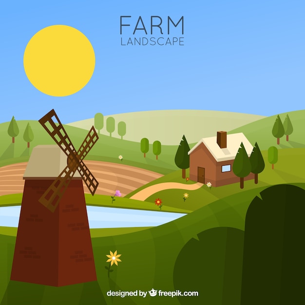 Free Vector farm landscape with a mill 