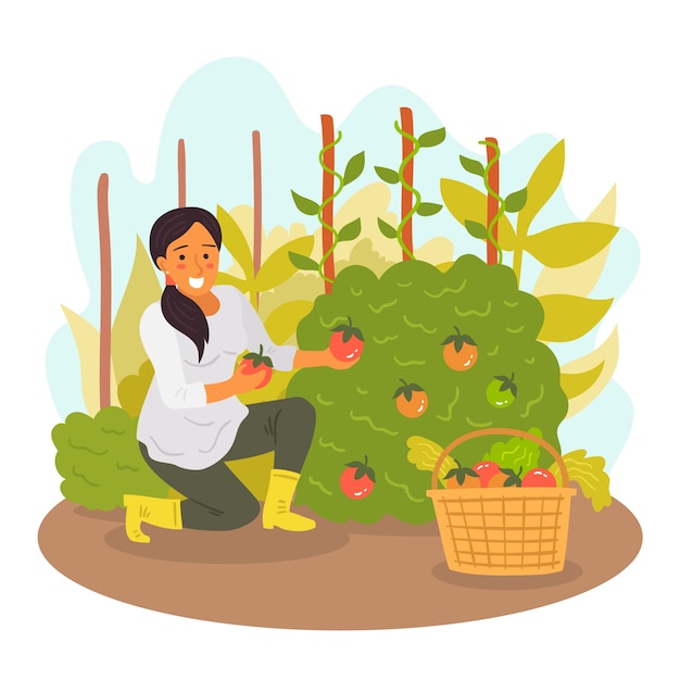 Free vector farm landscape woman with fruit in hands