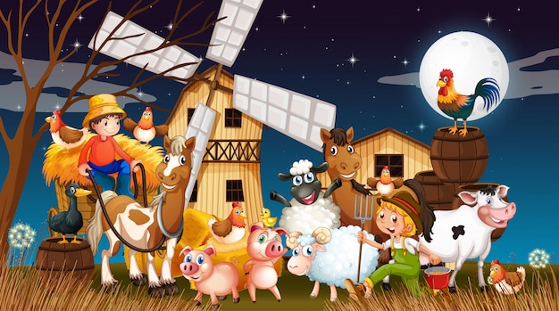 Farm in nature scene with windmill and animal farm at night