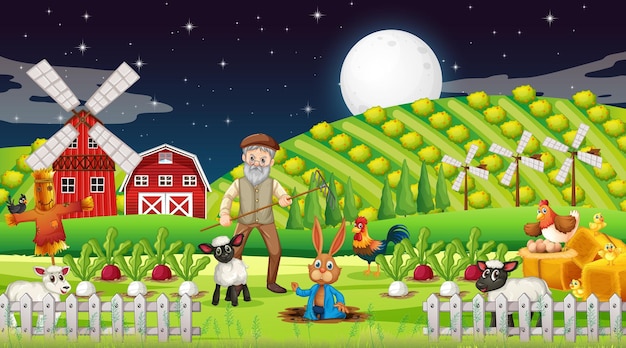 Free Vector farm at night scene with old farmer man and farm animals