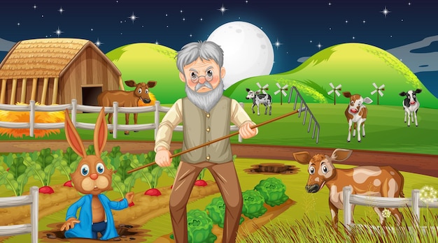 Farm at night scene with old farmer man and farm animals