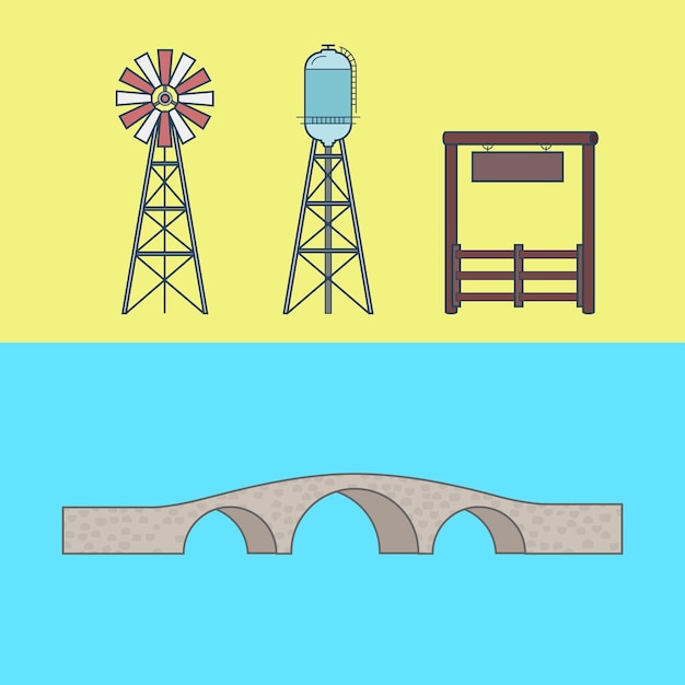 Farm rancho entrance countryside water tower bridge element architecture building set.